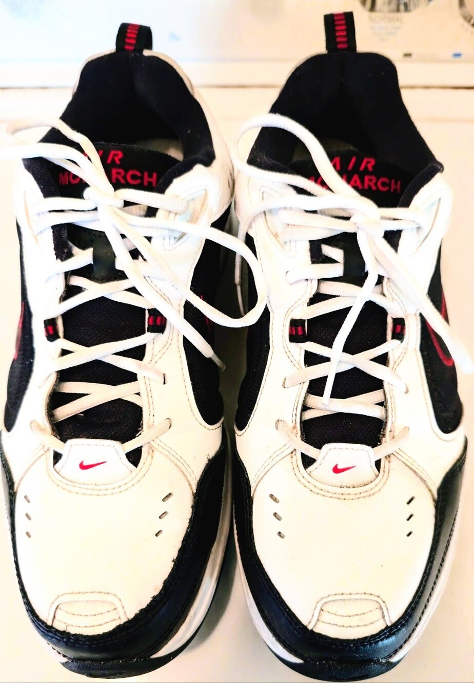 Nike Air Monarch Men’s White and Black Sneakers with Red Accents Size 12